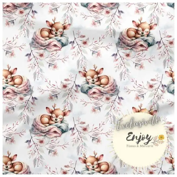 Tessuto French Terry Animali del Bosco Cerbiatta Rosa venduto al metro