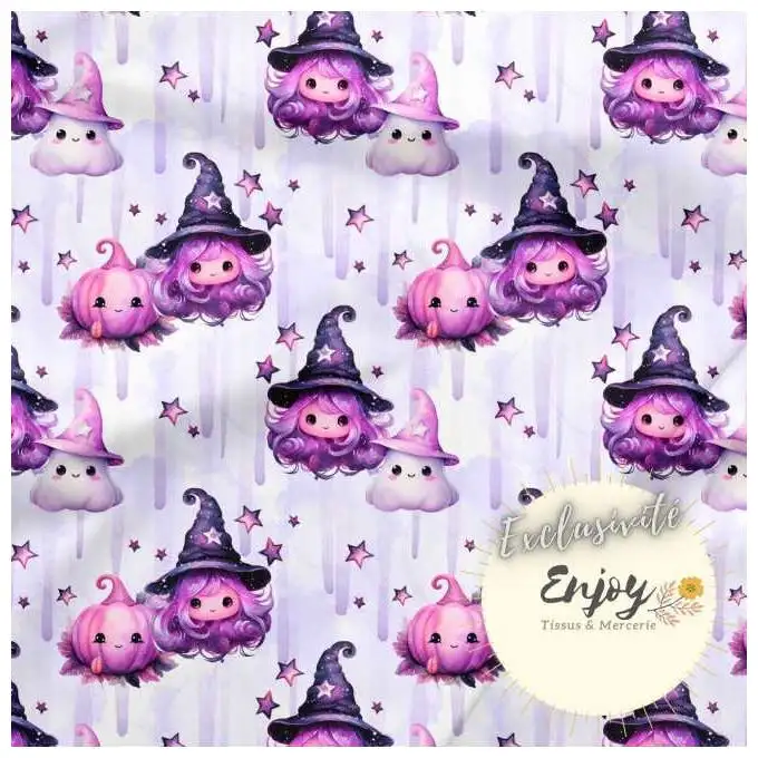 Tessuto Jersey Halloween Fantasmi Viola venduto al metro