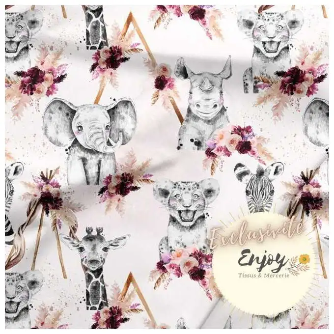 Tessuto French Terry Animali Savana Boho Rosa Bordeaux venduto al metro