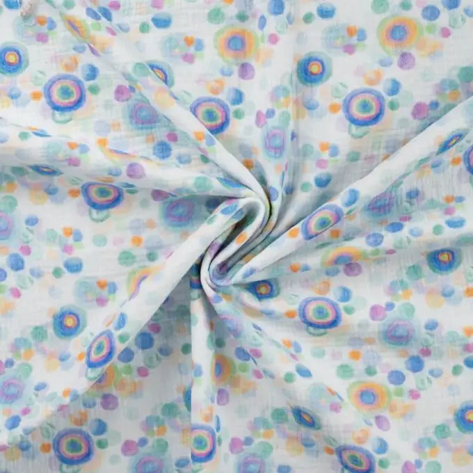 Tessuto doppio garza stampato rotondo acquerellato blu