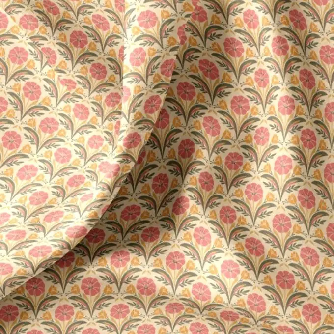 Tessuto cretonne stampato fiore indiano rosa ecru