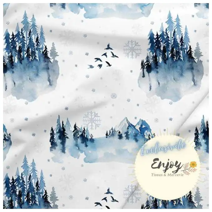 Tessuto Jersey Montagna Paesaggio Neve Blu venduto al metro