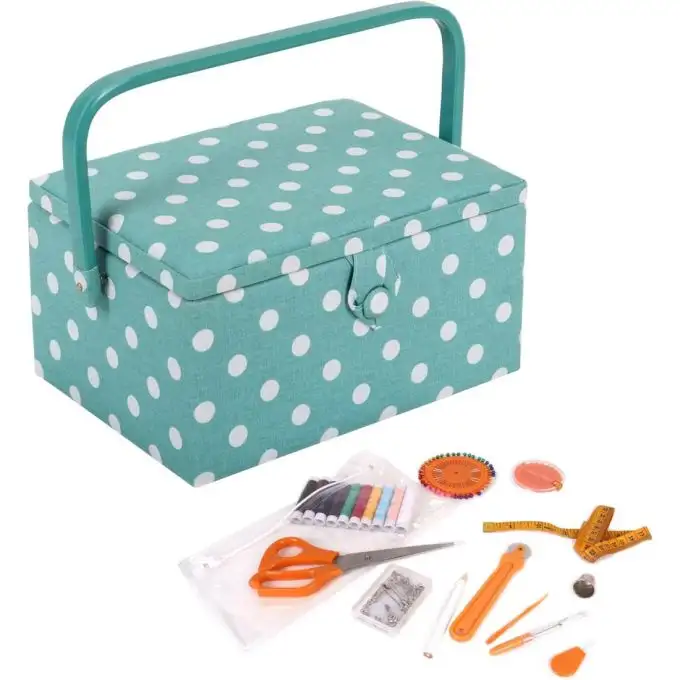 Scatola da cucito + kit cucito turchese pois bianchi 19 x 26 x 15 cm