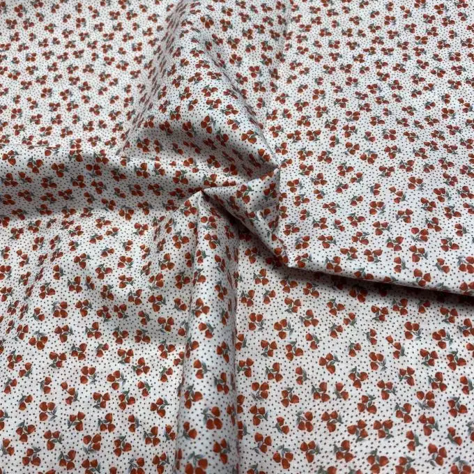 Tessuto voile di cotone morbido rosso mini tulipani e pois