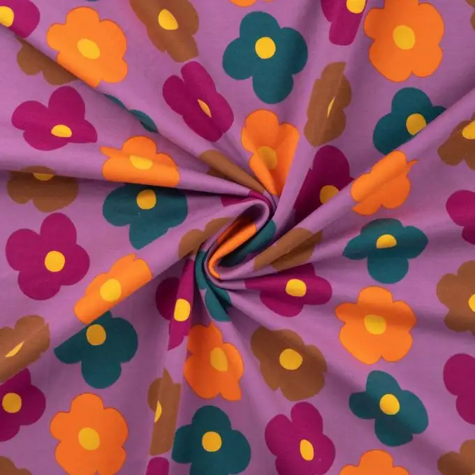 Tessuto felpato stampato fiore grande lilla