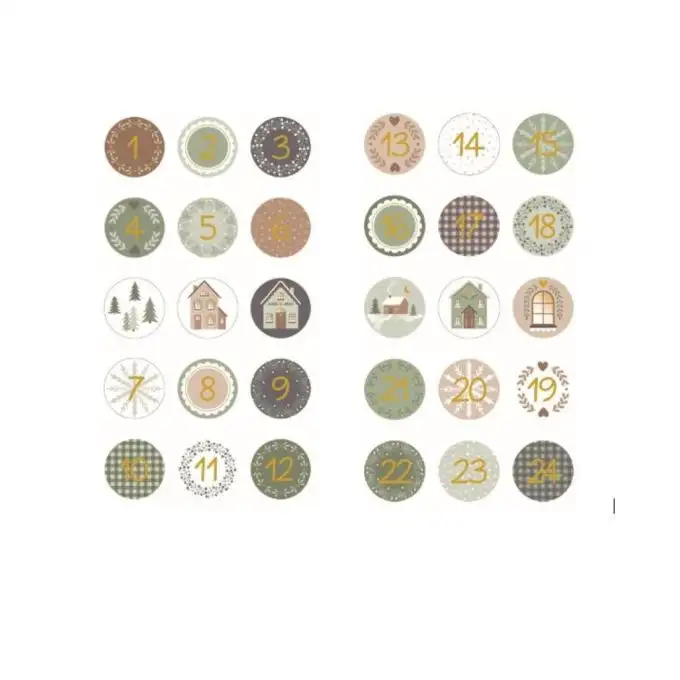 Adesivi rotondi calendario dell'avvento effetto foil dorato verde x24