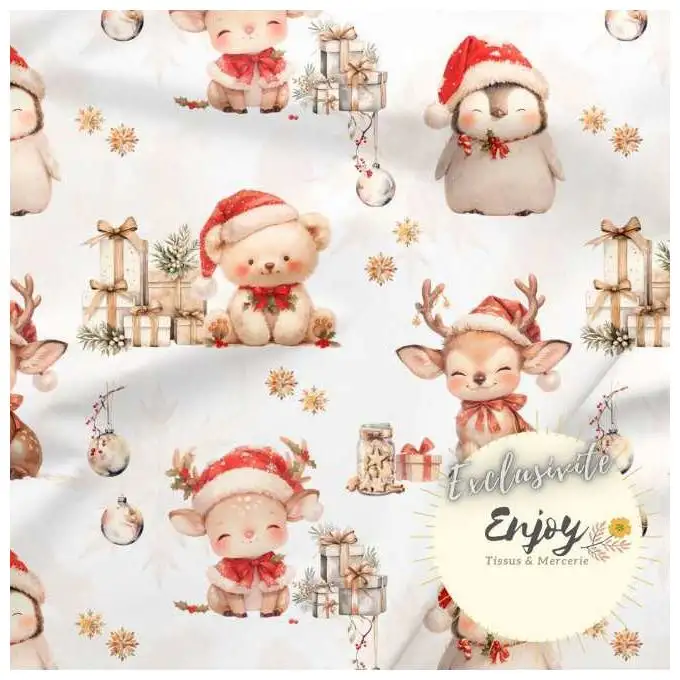 Tessuto French Terry Natale Baby Animali Beige Rosso venduto al metro