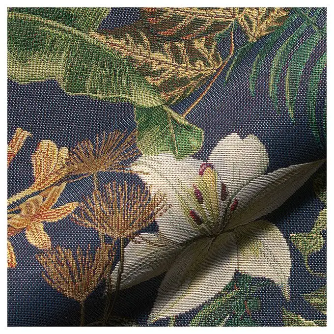 Tessuto jacquard gobelin blu giungla floreale e leopardo