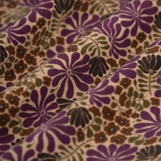 Tessuto velluto millerighe floreale prugna beige