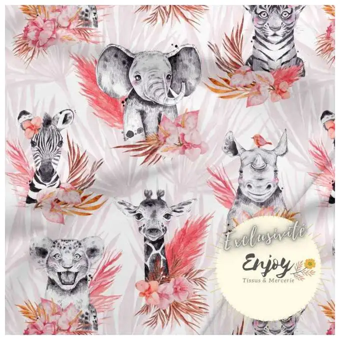 Tessuto Jersey Animali Savana Rosa Corallo venduto al metro