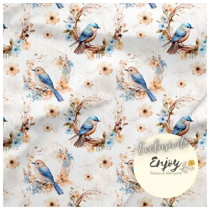 Tessuto French Terry Uccelli Fiori Blu venduto al metro