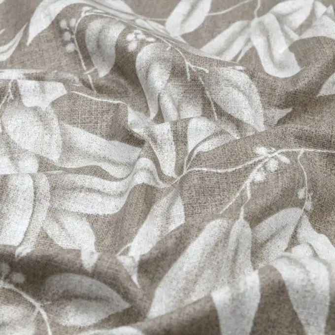 Tessuto bachette slub stampato vegetazione delicata taupe