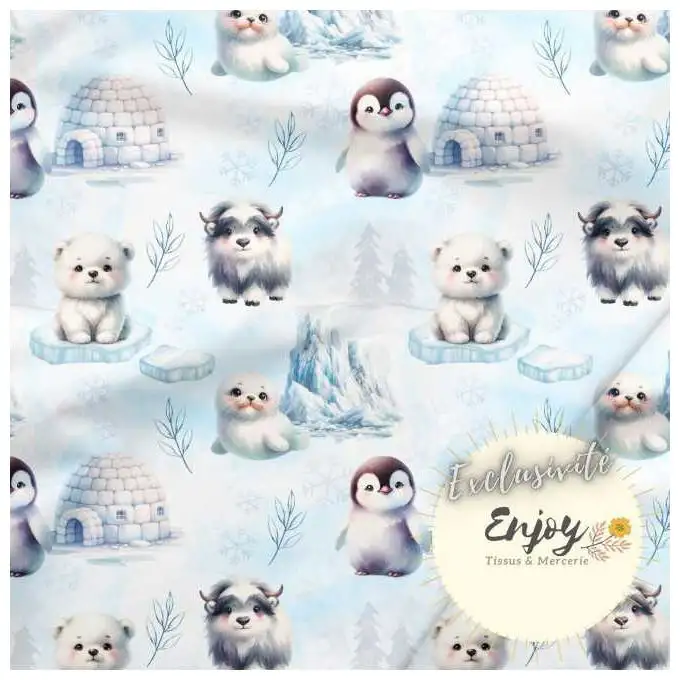 Tessuto French Terry Animali Artici Blu venduto al metro