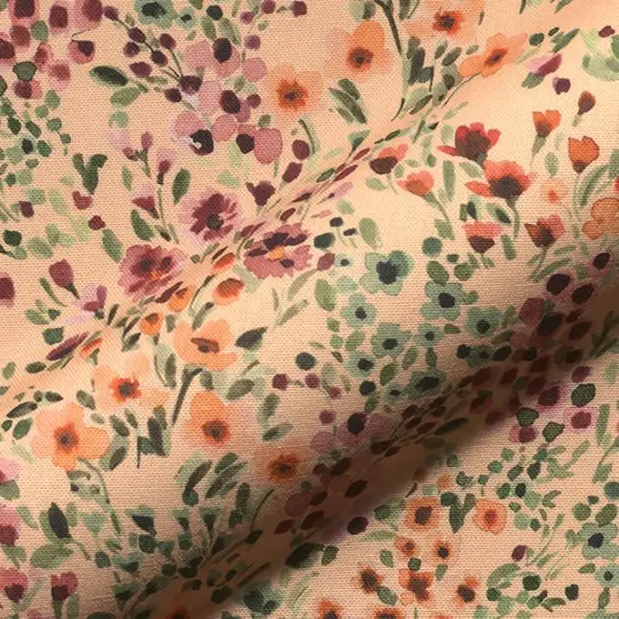 Tessuto cotone stampato digitale fiori acquerellati pesca