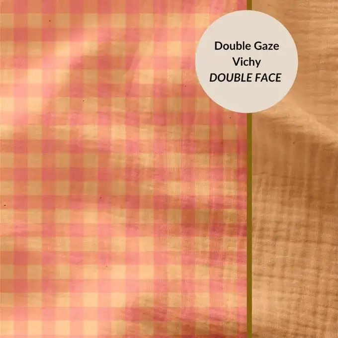 Tessuto doppio garza vichy sorbetto e melone retro unito marrone