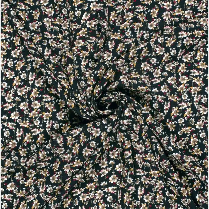 Tessuto crepe viscosa filato lurex dorato piccola fiore campestre blu notte