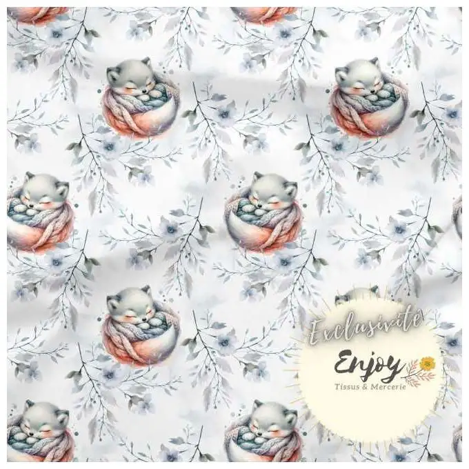 Tessuto Jersey Animali Foresta Cucciolo di Lupo Blu venduto al metro