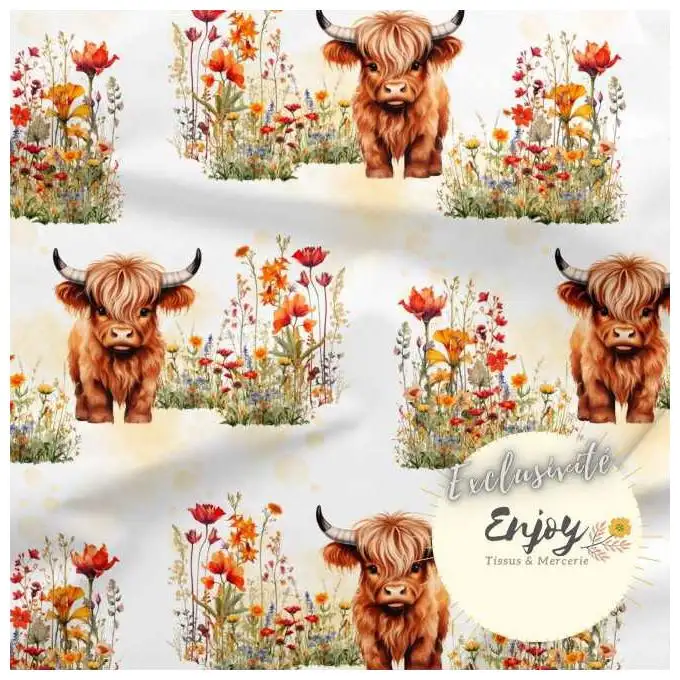 Tessuto Jersey Animali Mucche Highland Marrone venduto al metro