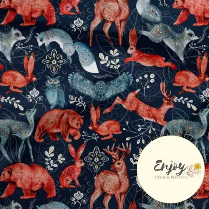 Cotone Premium 100% Animali della Foresta Blu venduto al metro