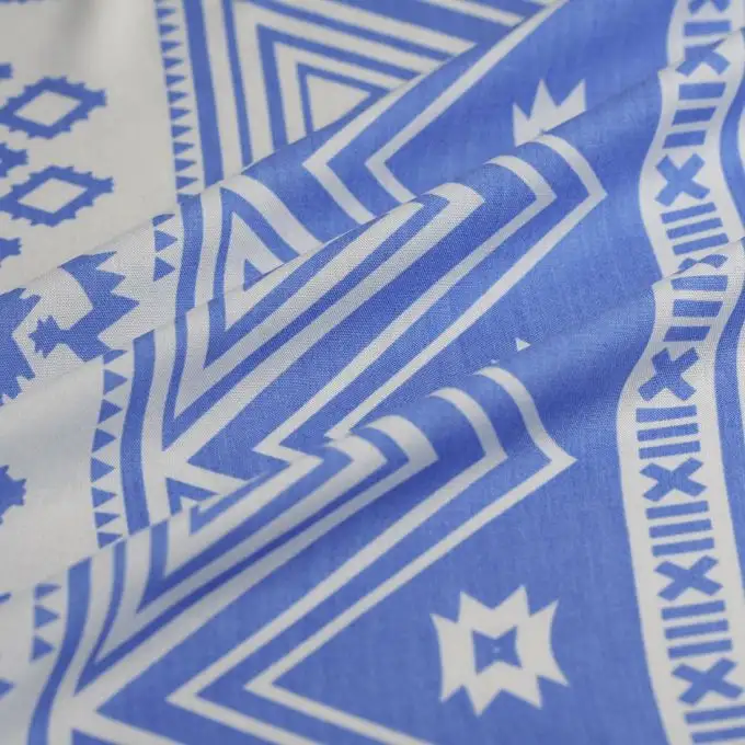 Tessuto popeline viscosa folk ecru blu