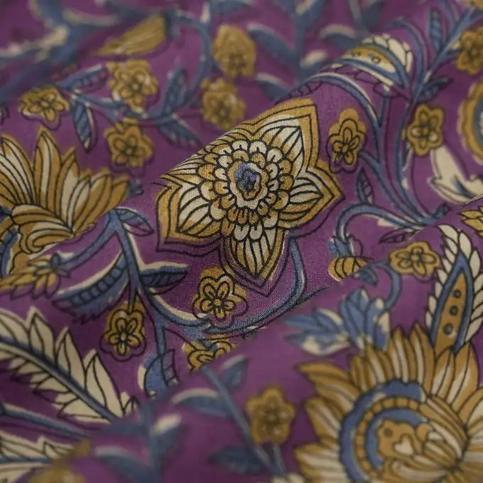 Tessuto voile cotone indiano kaki viola