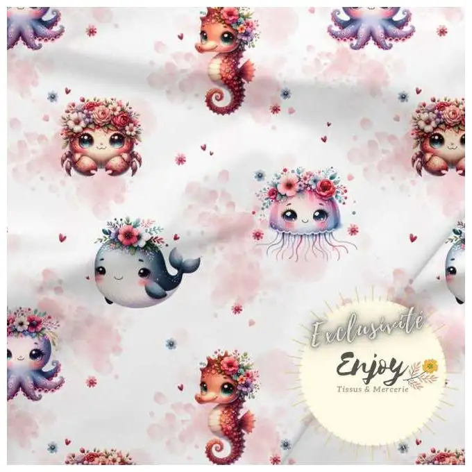 Tessuto Jersey Animali dell’Oceano Rosa venduto al metro