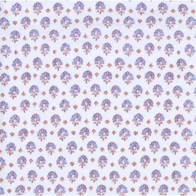 Tessuto double gaze bio stampato fiori ispirazione blockprint blu
