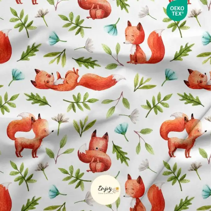 French Terry Tessuto Bambino Animali della Foresta Volpe Arancione venduto al metro