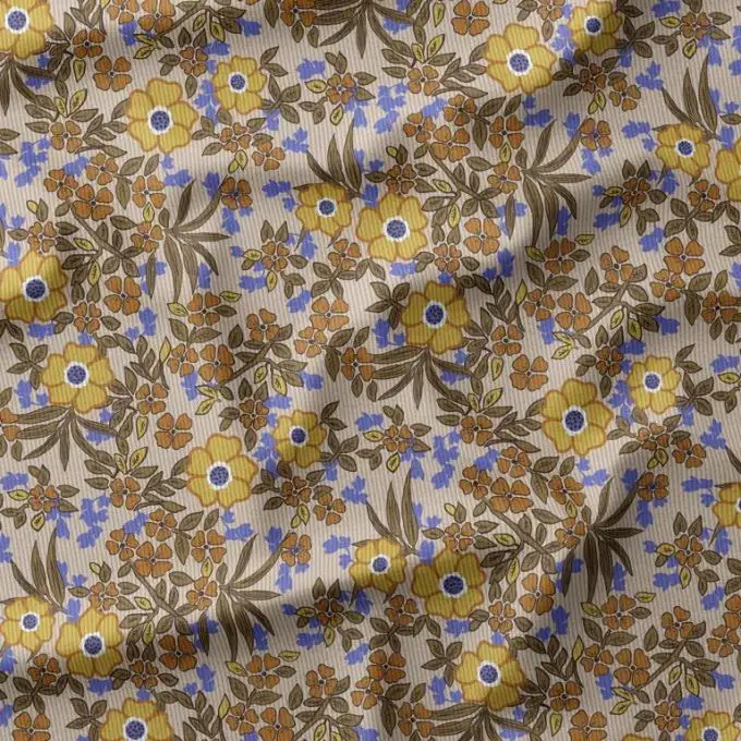 Tessuto velluto millerighe stampato piccole fioriture gialle e blu ecru