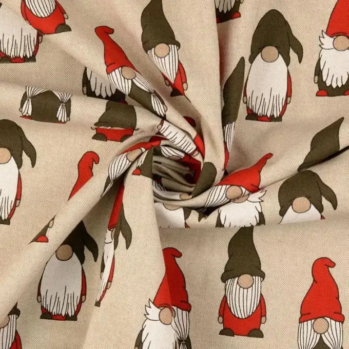 Tessuto cotone natalizio stampato piccolo gnomo ecru