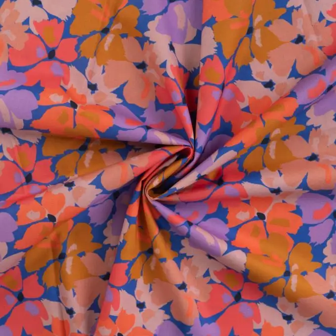 Tessuto voile cotone floreale denso multicolore viola