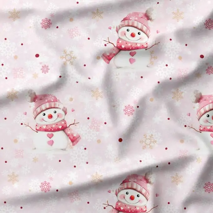 Tessuto di cotone stampato Pupazzo di Neve Rosa – Certificato Oeko-Tex®