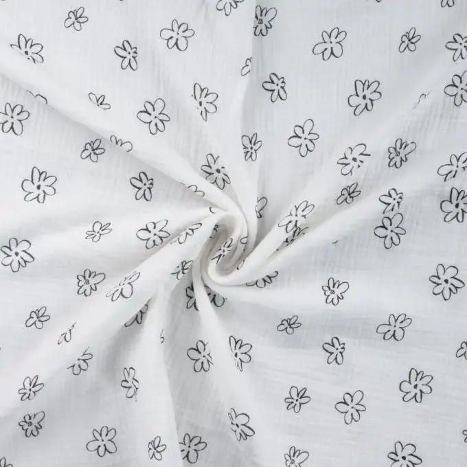 Tessuto doppio garza stampato fiore disegnato bianco