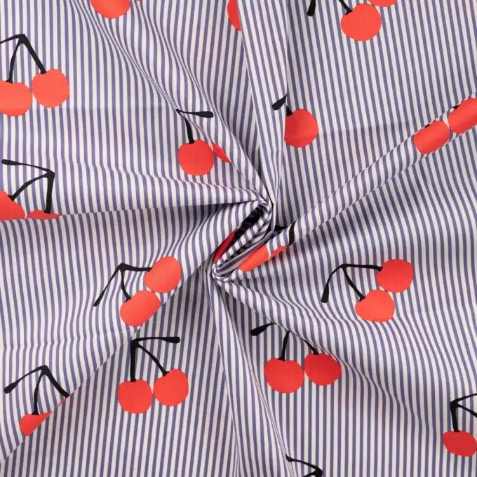 Tessuto cotone elasticizzato rigato stampato ciliegie rosse