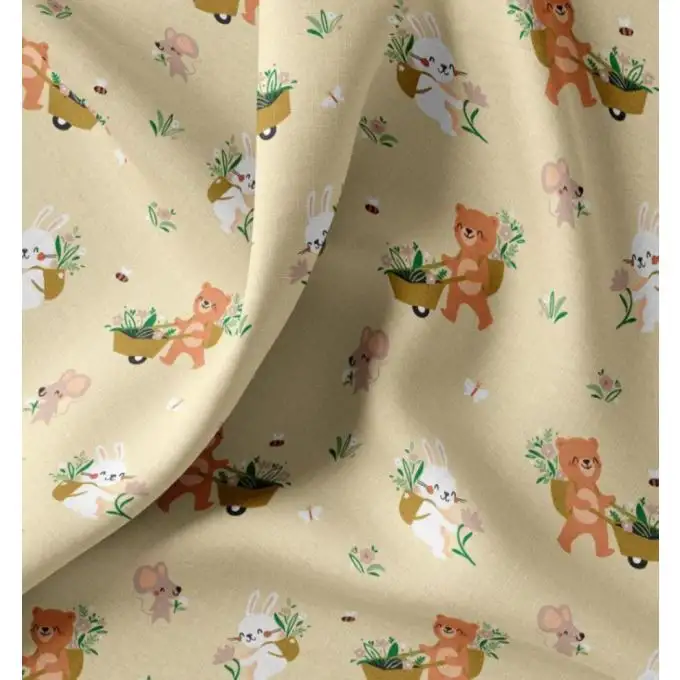 Tessuto cretonne stampato animali fioristi giallo