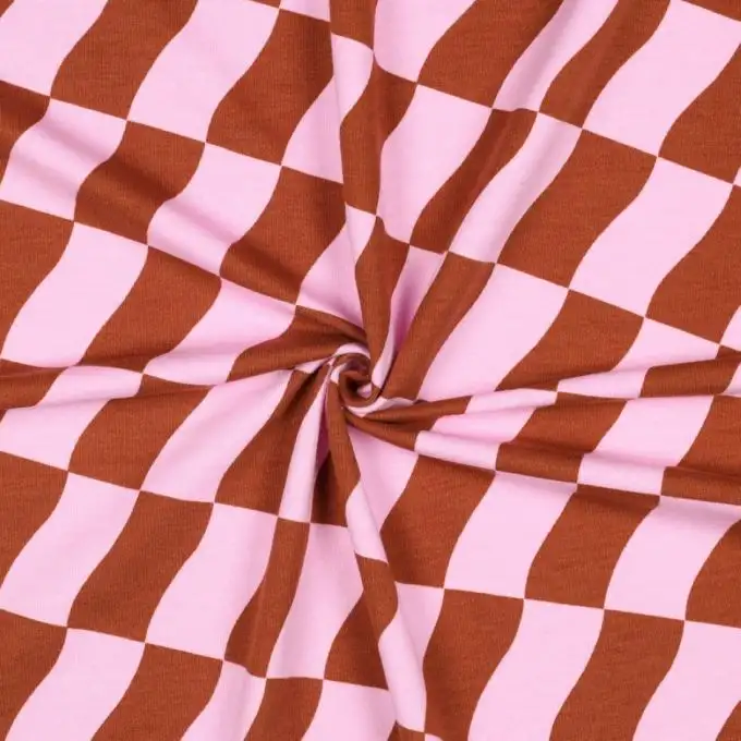 Tessuto felpato stampato a scacchi marrone e rosa - Poppy Fabrics