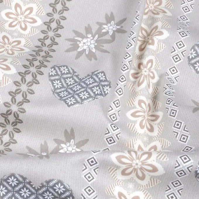 Tessuto twill cotone stampato cuore righe naturale