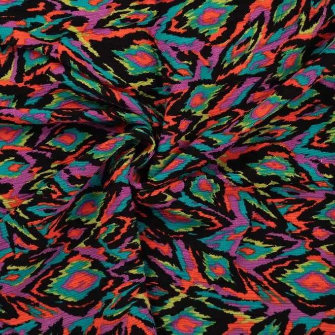 Tessuto crepe viscosa stampato rombo psichedelico multicolore