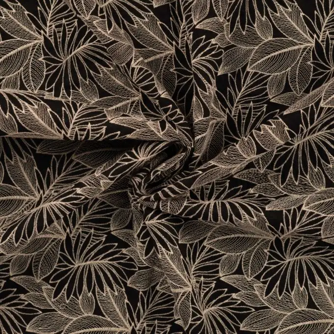 Tessuto cotone ricamato grande fiore nero