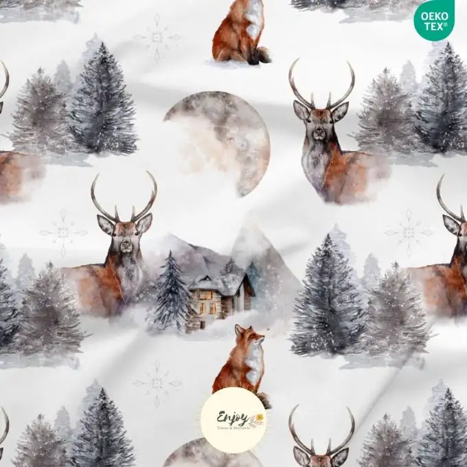 Jersey Floreale Animali della Foresta Montagna Chalet Beige venduto al metro