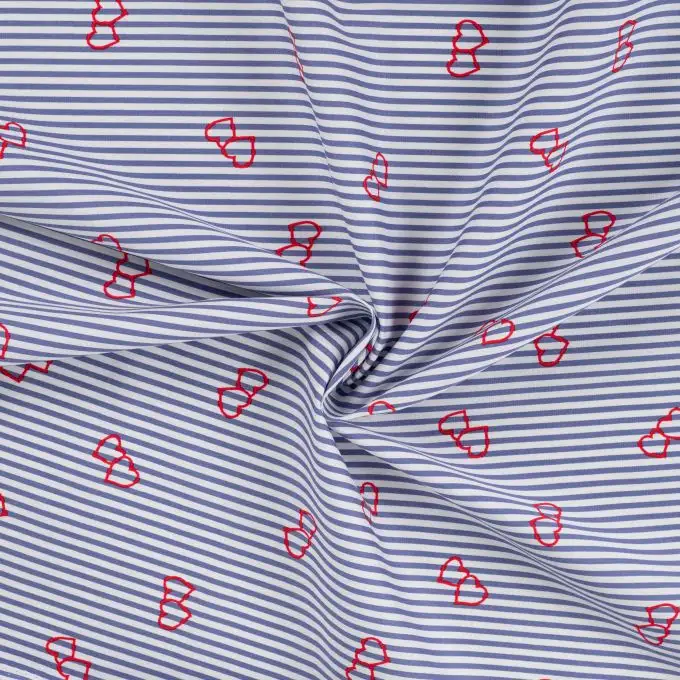 Tessuto cotone elasticizzato rigato stampato cuore multicolore