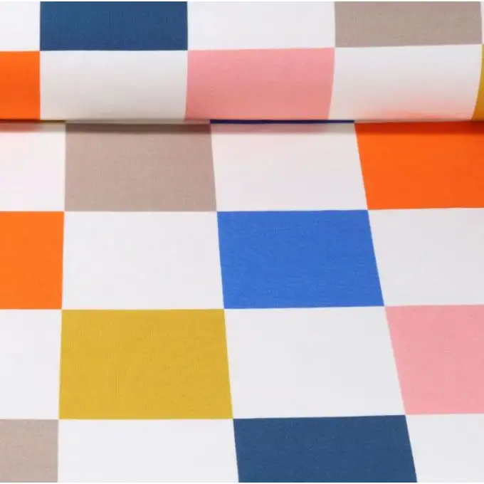 Tessuto canvas stampato scacchi multico blu e arancione - Albstoffe