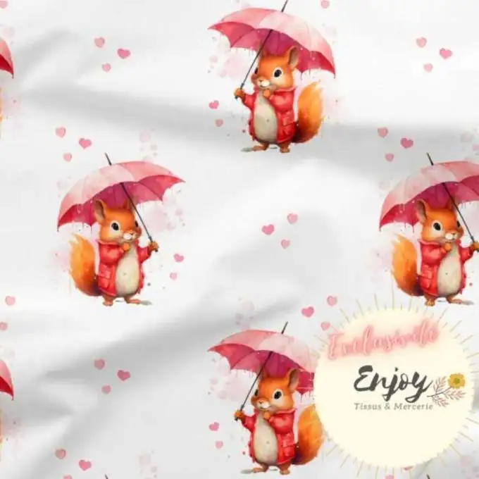 Cotone Premium 100% Animali della Foresta Scoiattolo Rosa venduto al metro