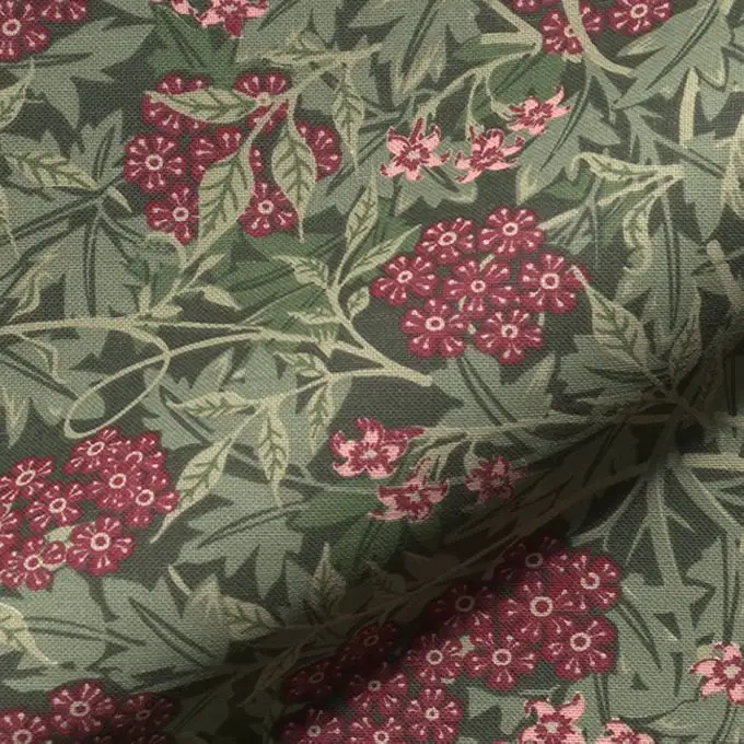 Tessuto bachette cotone semi-panama verde stampato vegetale gelsomino bordeaux