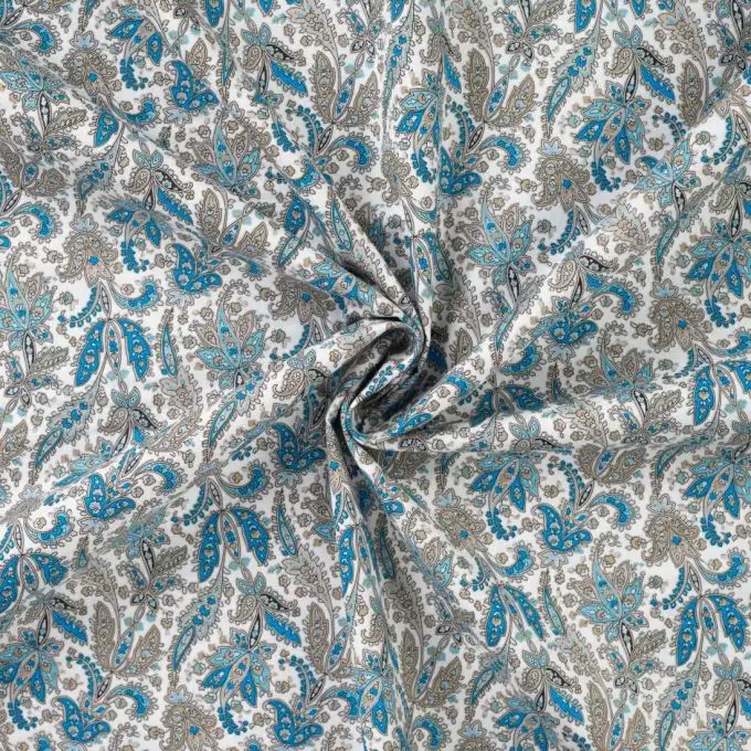 Tessuto popeline cotone stampato paisley blu