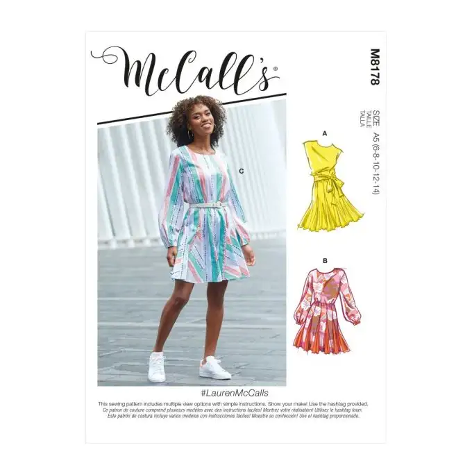 Patron McCall's 8178A5 - Abito corto elasticizzato in vita con cintura dalla taglia 34 alla 42