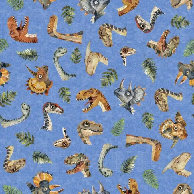 Tessuto patchwork teste di dino e felci