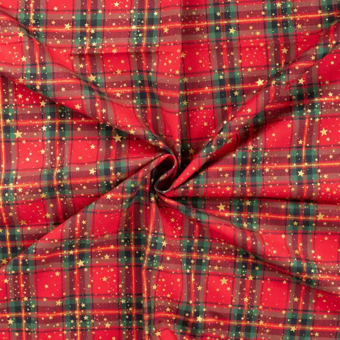 Tessuto cotone natalizio tartan e stelle dorate