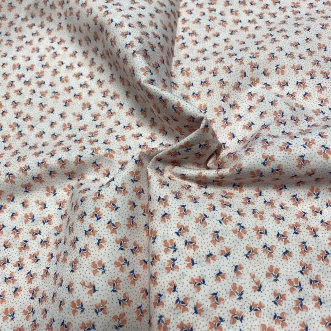Tessuto voile di cotone morbido corallo mini tulipani e pois