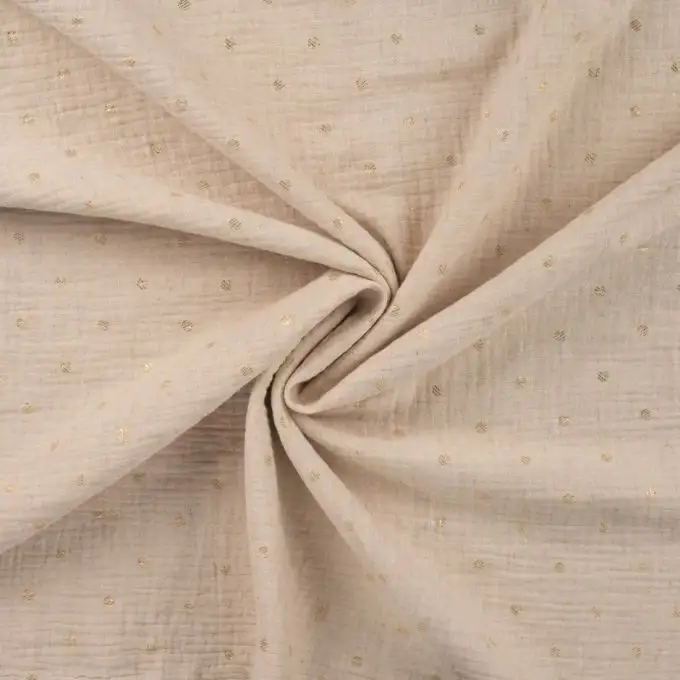 Tessuto doppio gaze stampato sottili righe lurex beige